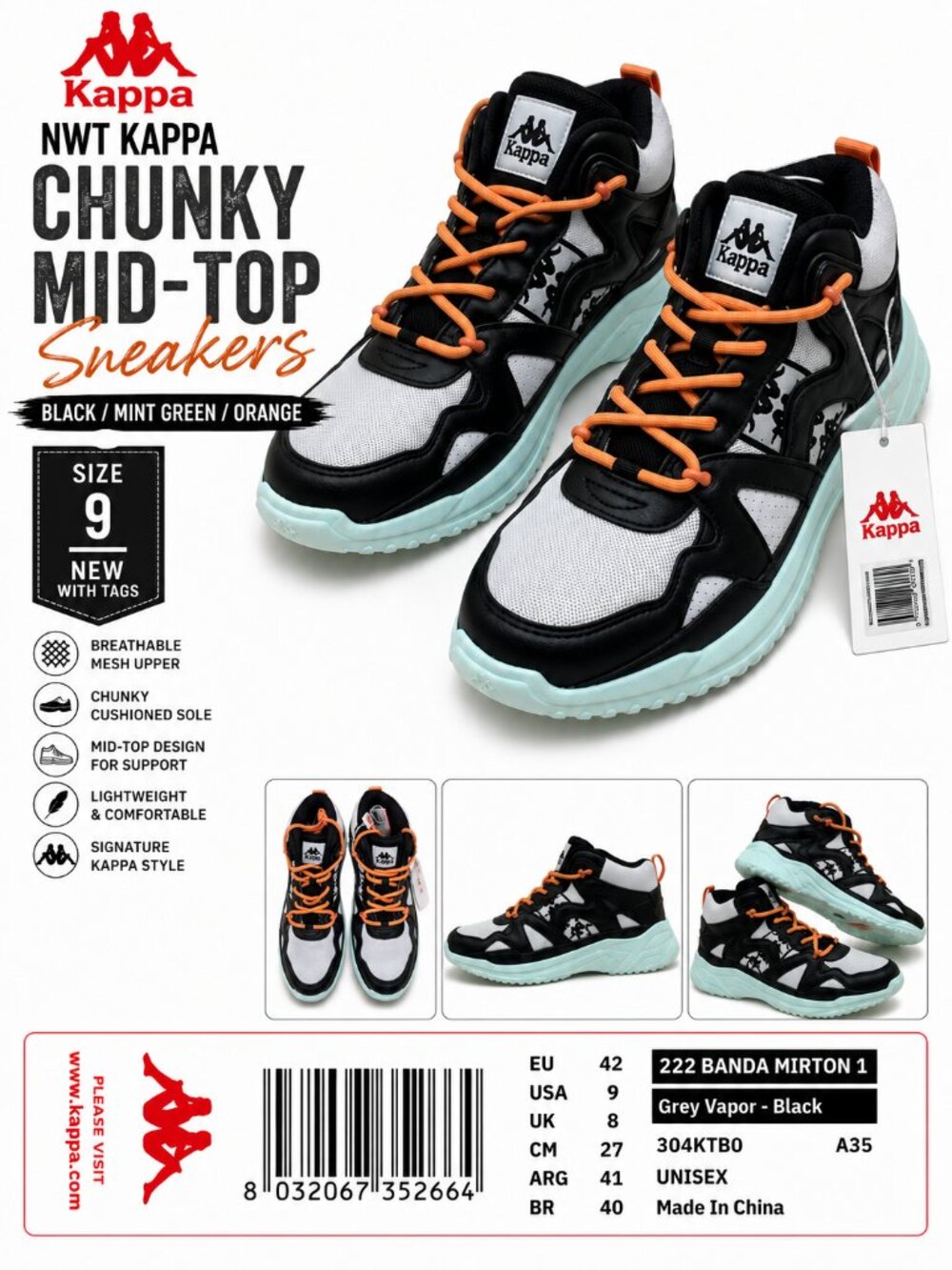 NWT Kappa 222 Banda Mirton Chunky Mid Top Sneakers Black Mint Orange Size 9